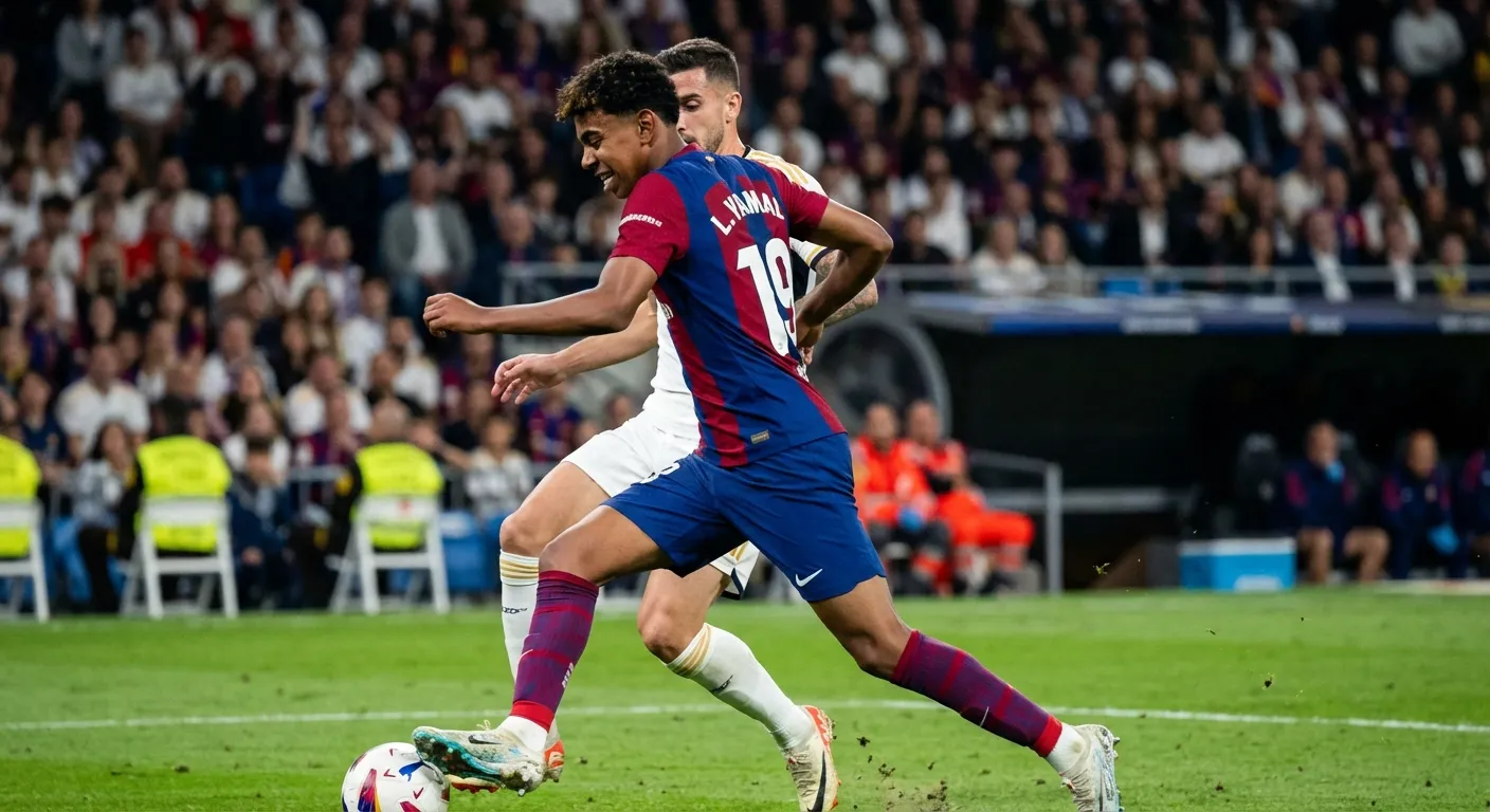 Lamine Yamal dribbling past defenders in Barcelona jersey