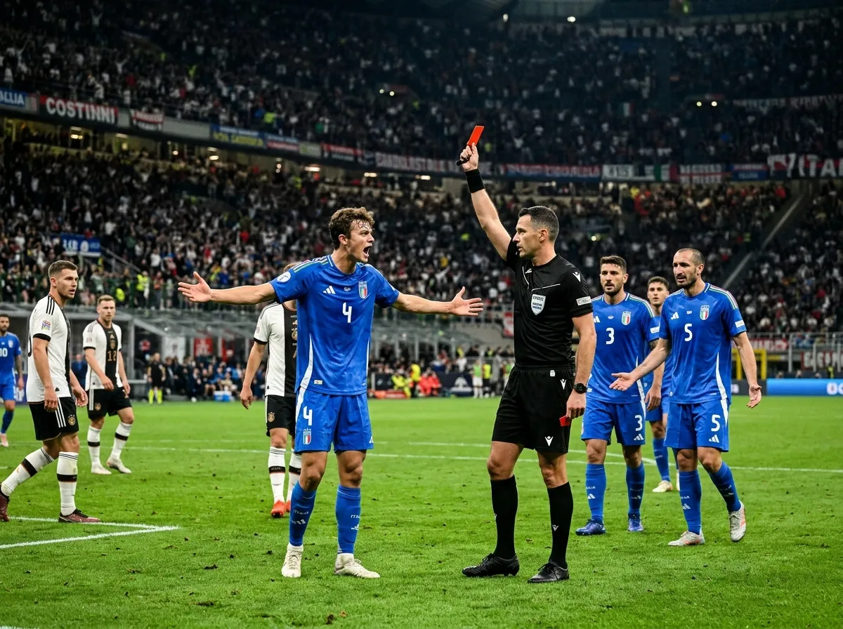 Referee showing a red card to an Italian defender during a tense World Cup qualifier