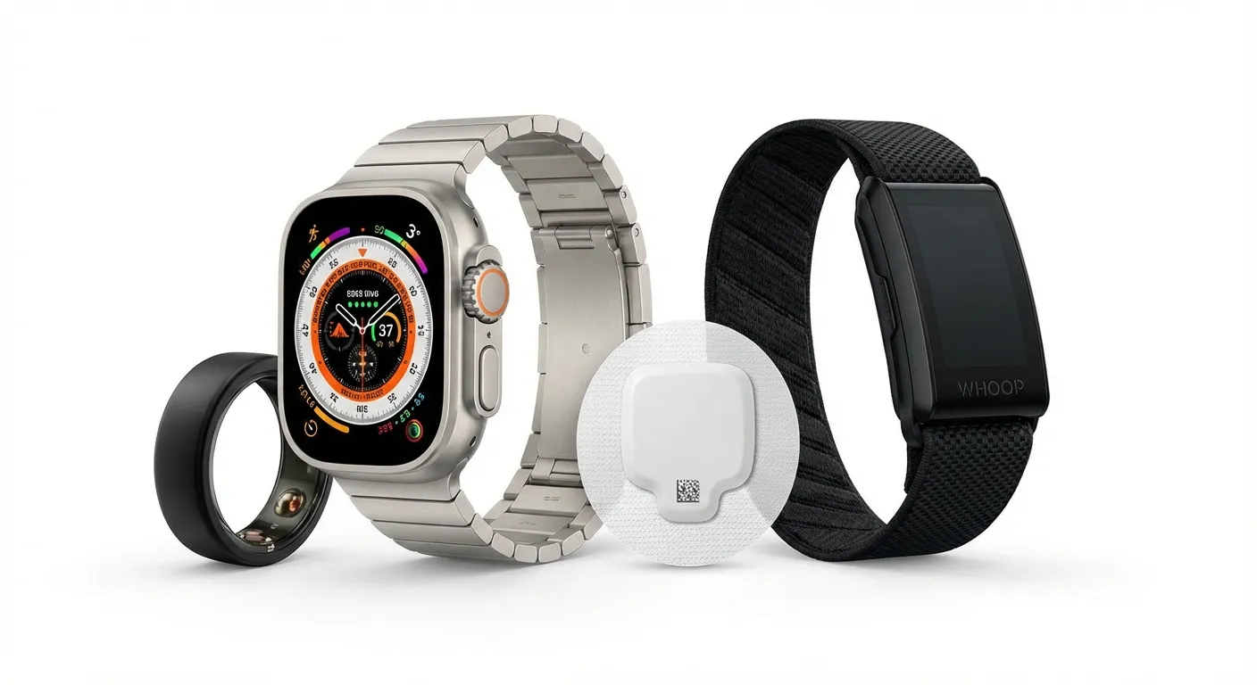 Various wearable health devices including smart ring, watch, and CGM displayed together