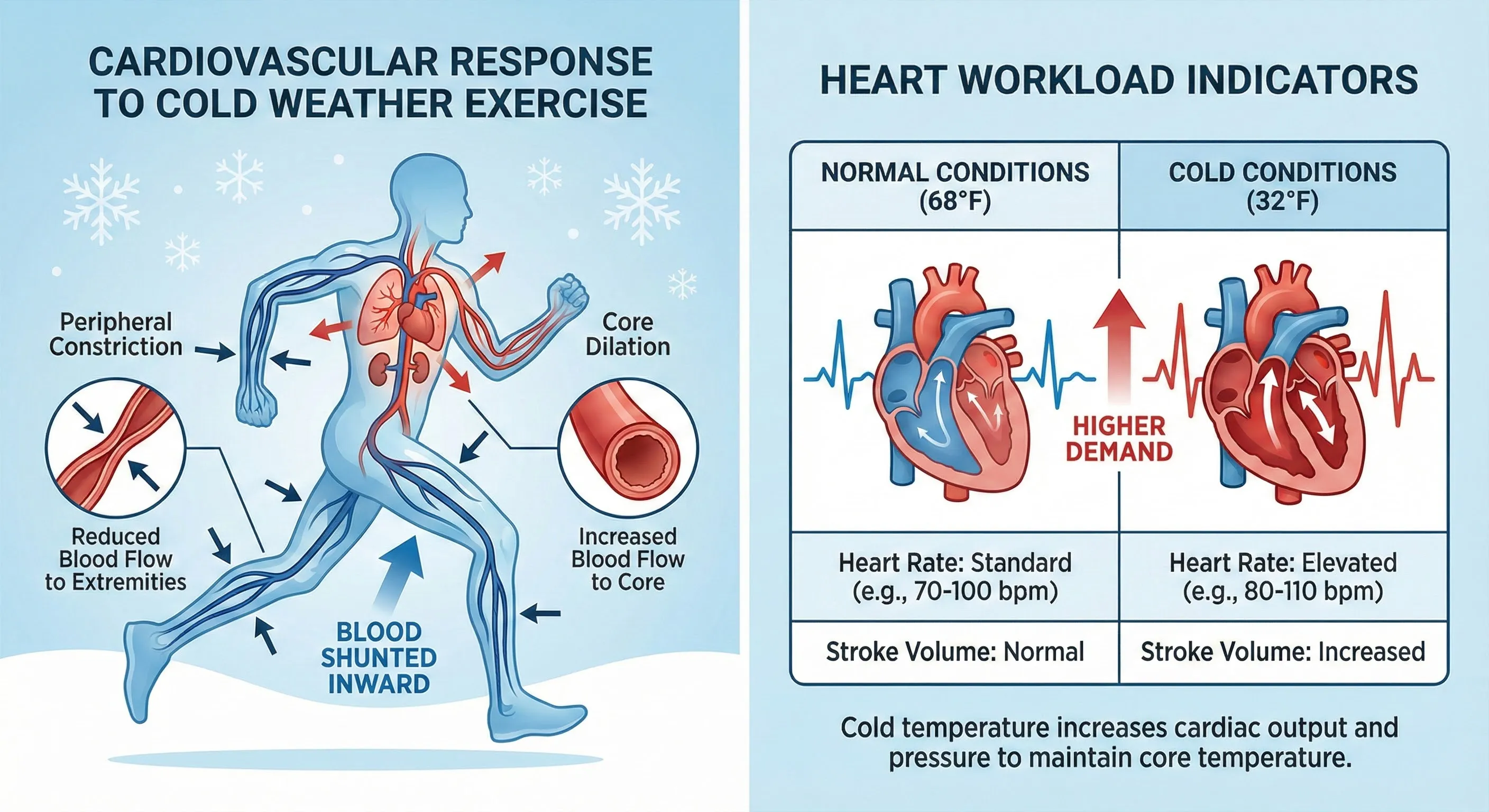 Medical illustration showing blood vessel constriction and heart adaptations during cold weather exercise