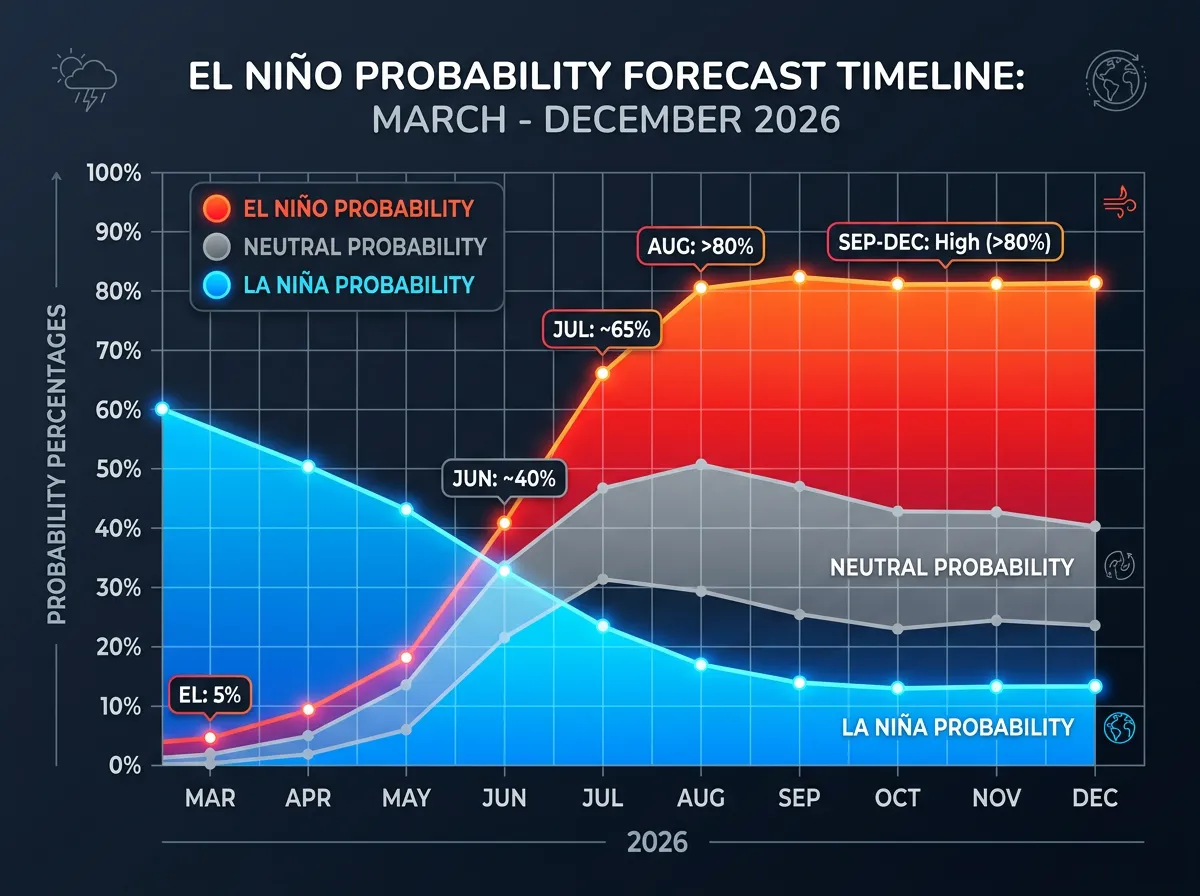 Infographic showing El Nino probability timeline from spring to winter 2026