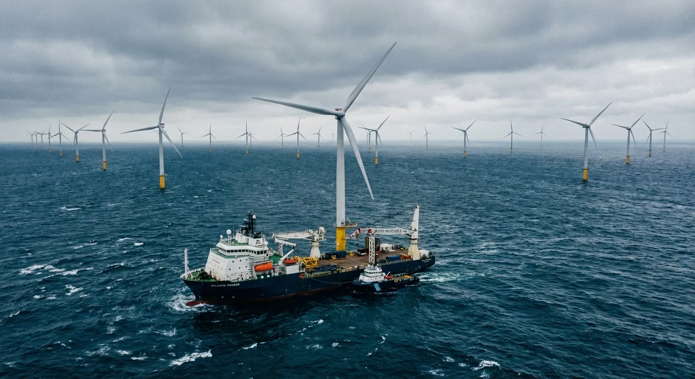 Offshore wind turbines in Atlantic Ocean waters with construction vessel nearby