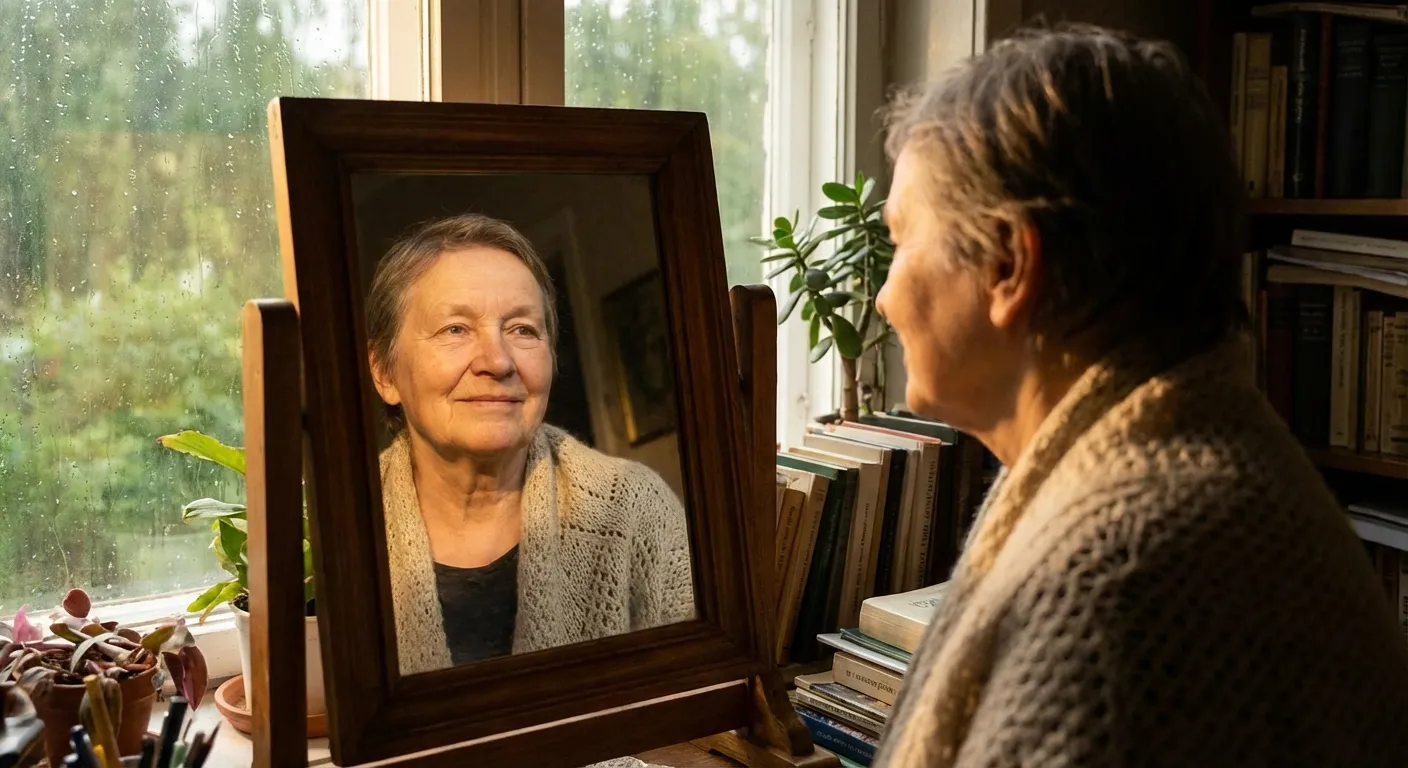 Person looking at their reflection with a gentle, understanding expression