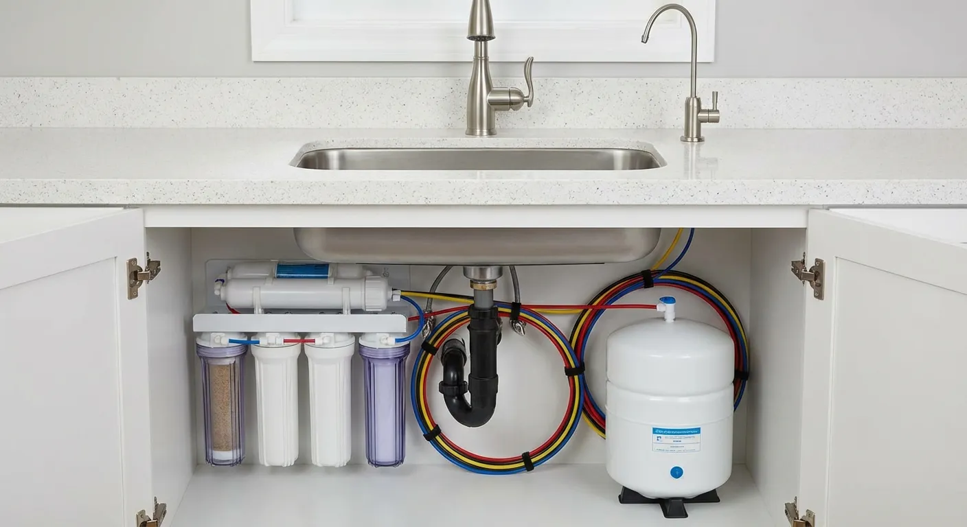 Under-sink reverse osmosis water filtration system with clear filter housing
