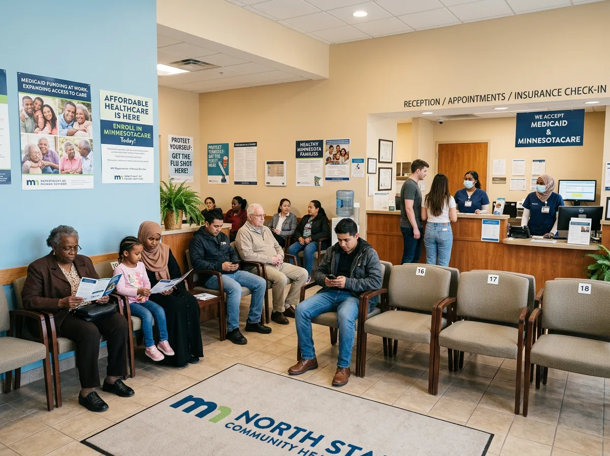 A community health clinic waiting room with patients in Minnesota