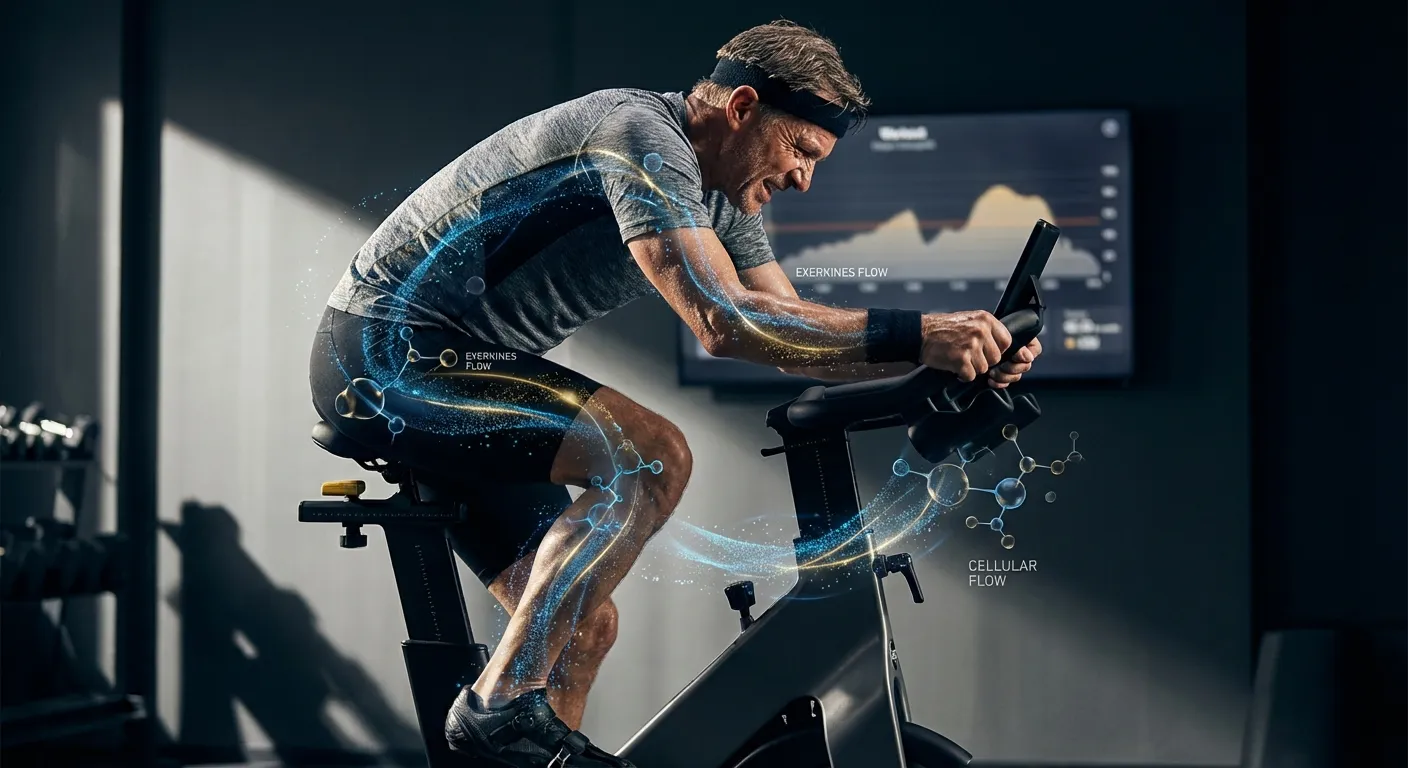Person cycling intensely on stationary bike with molecular visualization overlay representing exerkines in bloodstream