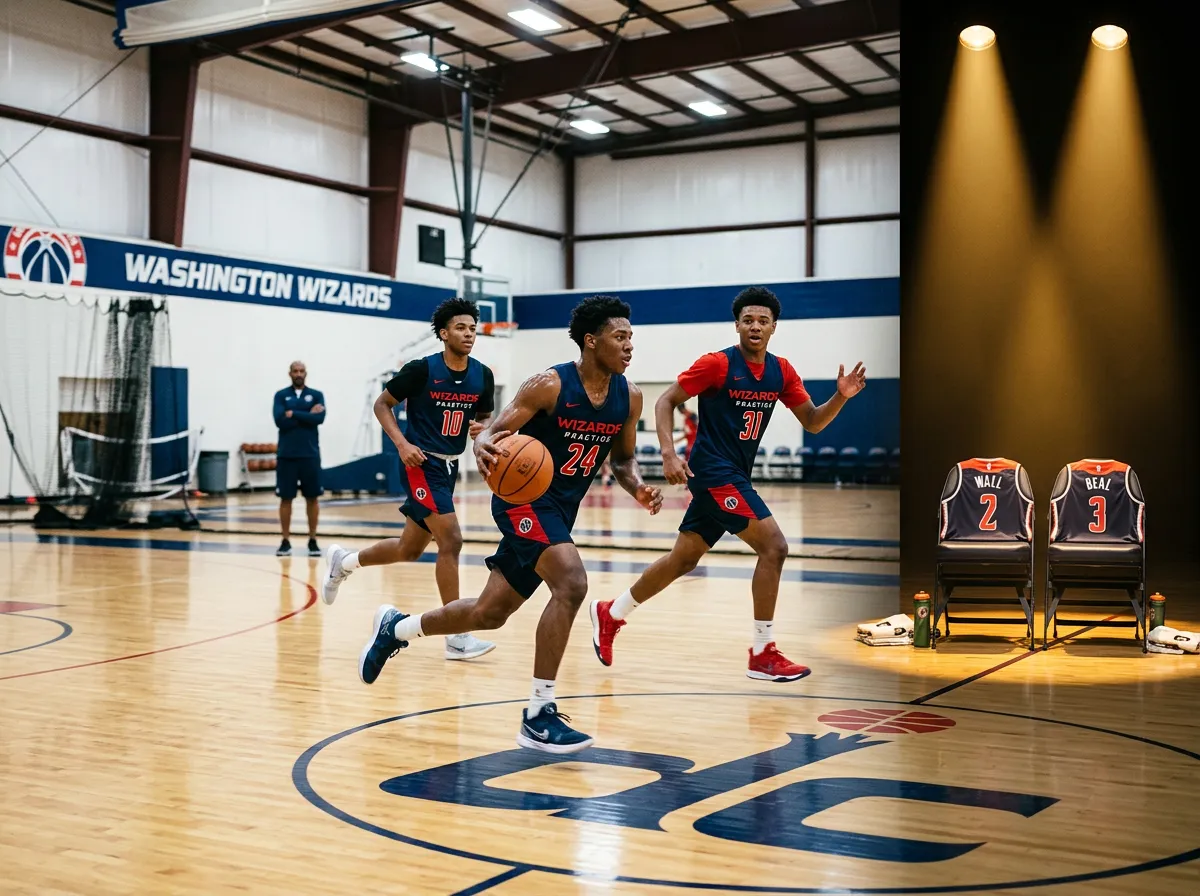 Young basketball players in practice gym with empty chairs where stars should sit
