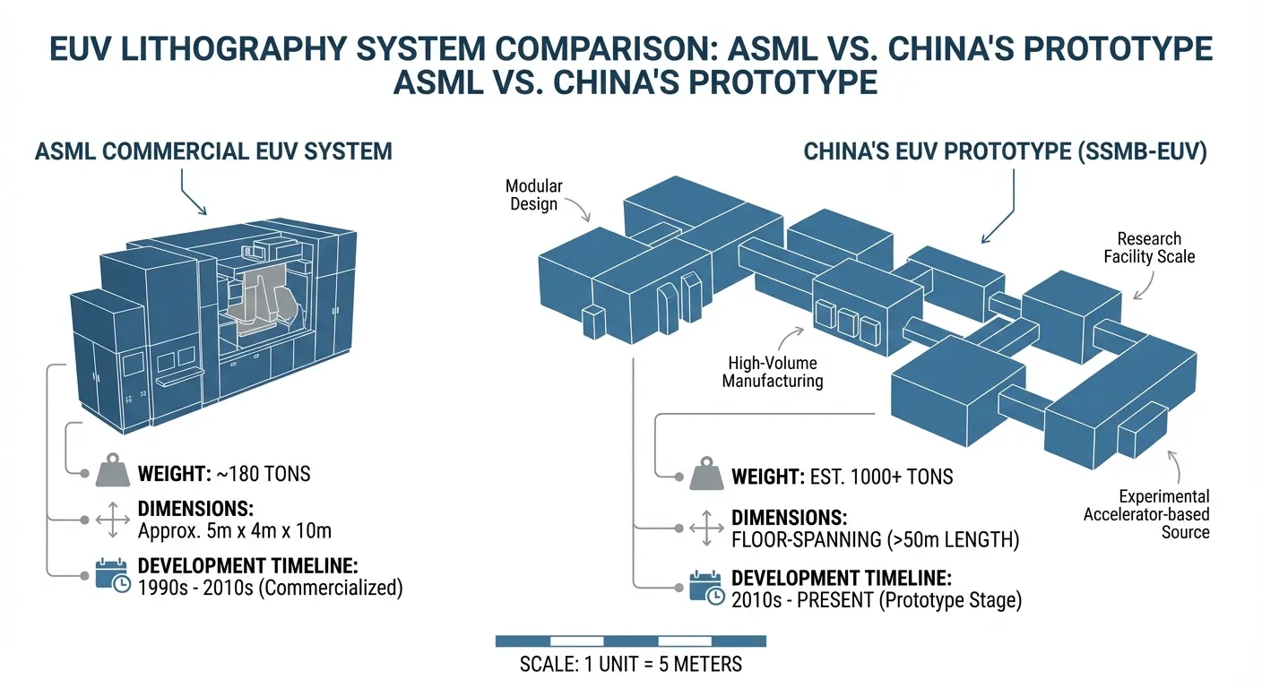Diagram comparing size of ASML EUV machine to China's larger prototype