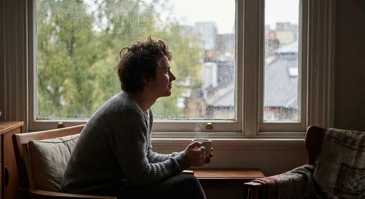 Person gazing out a rain-streaked window with soft afternoon light
