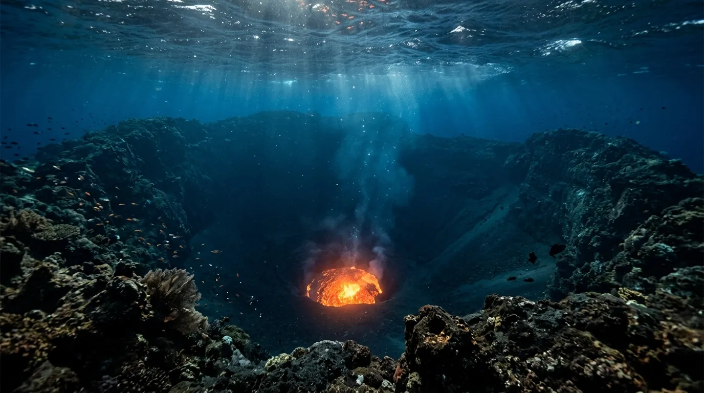 Underwater volcanic caldera near southern Japan with deep blue ocean above