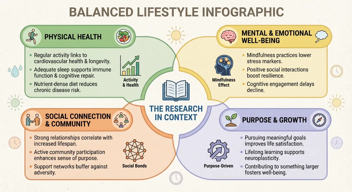 Balanced approach infographic showing moderate dark chocolate as part of healthy lifestyle