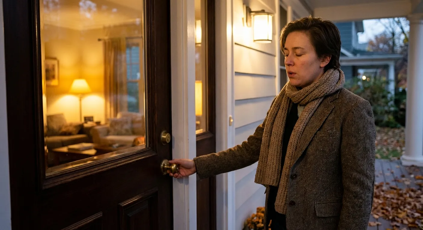 Person pausing thoughtfully at door with hand on handle