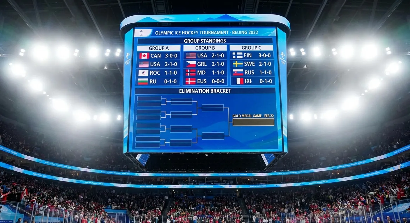 Olympic hockey arena scoreboard showing tournament bracket and group standings