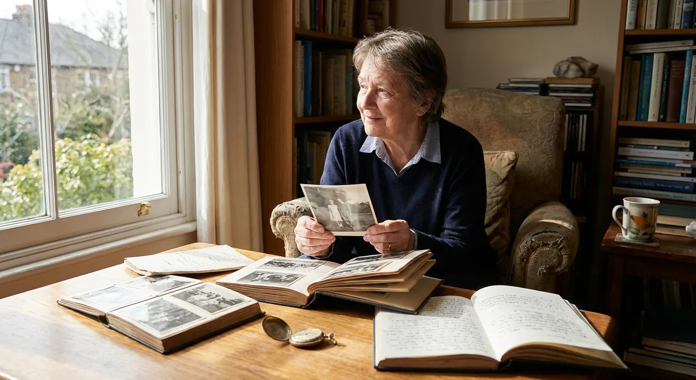 Person reflecting on old memories with thoughtful expression