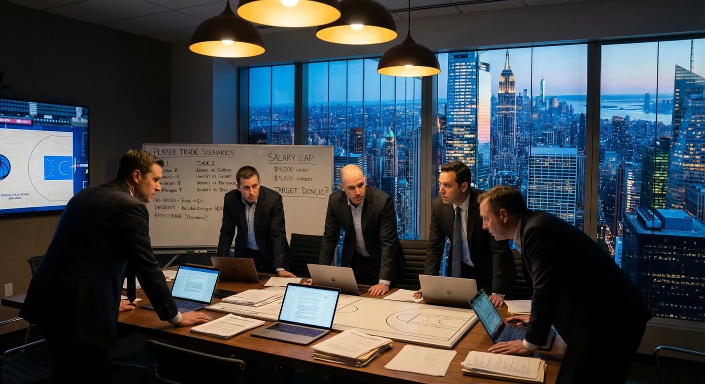 NBA front office executives in suits reviewing documents in a conference room