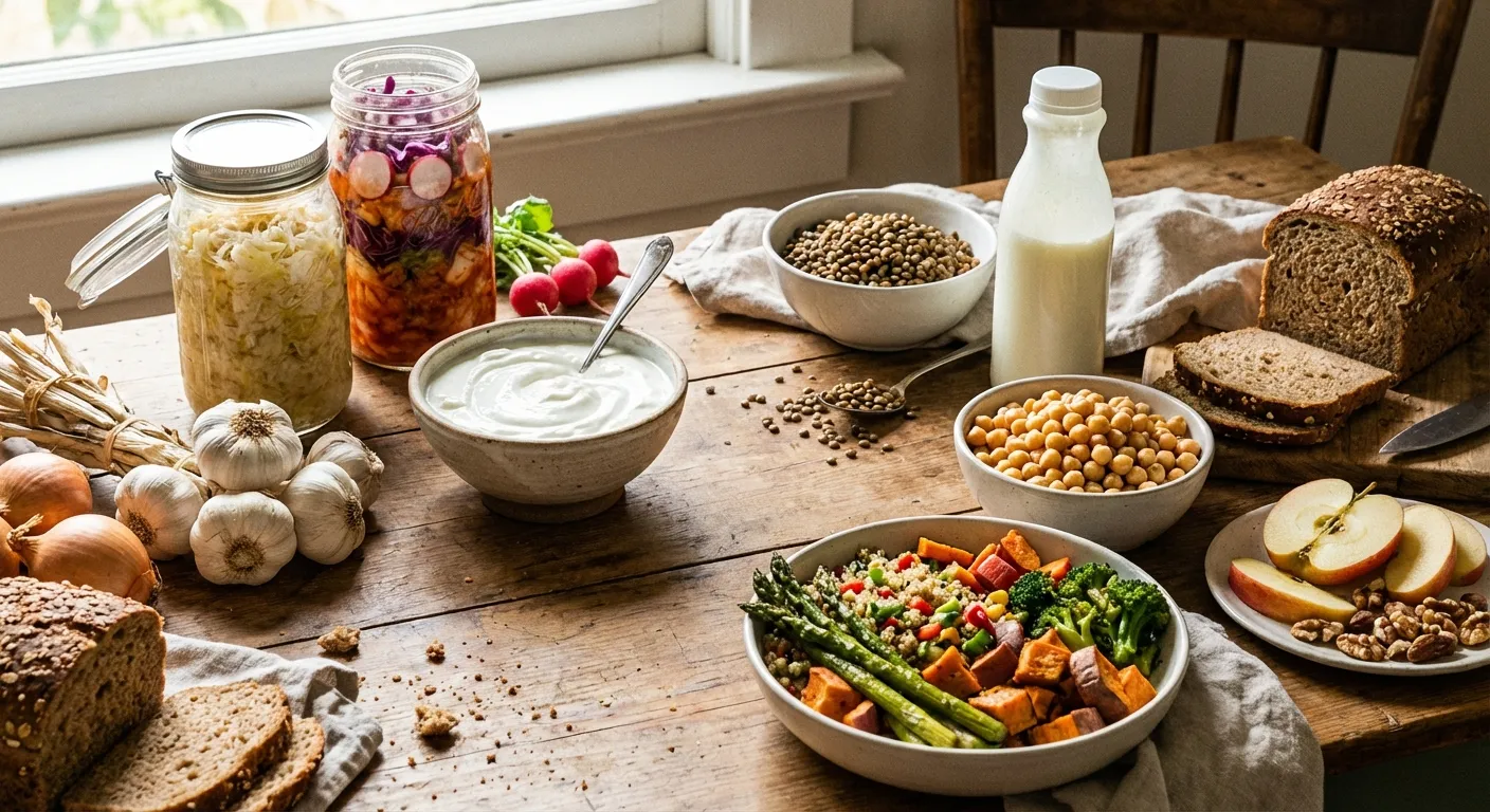 Diverse array of gut-healthy foods including fermented vegetables, yogurt, whole grains, and legumes