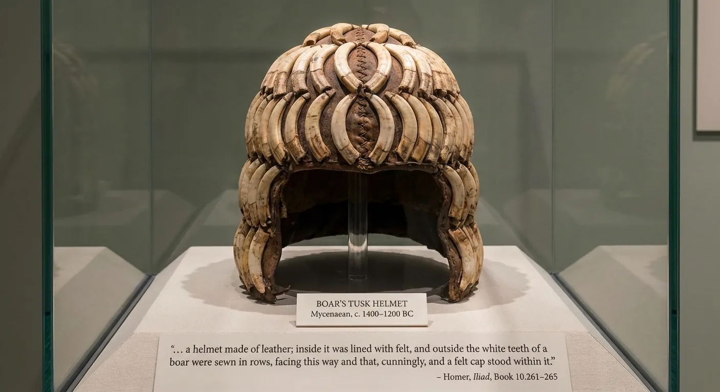 Mycenaean boar tusk helmet artifact matching Homer's description in the Iliad