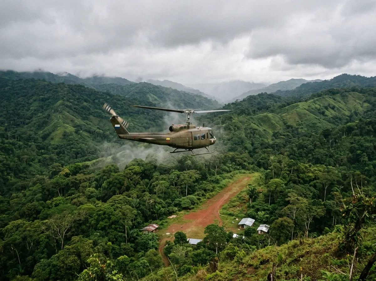 Ecuadorian military helicopter flying low over dense tropical terrain