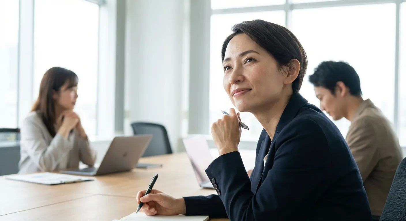 Person pausing thoughtfully before responding during a meeting discussion