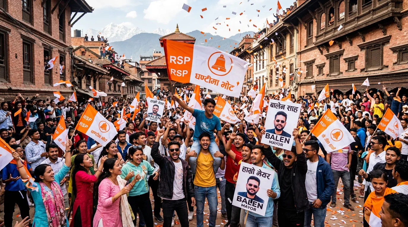 Nepali voters celebrating election results with RSP party flags and signs