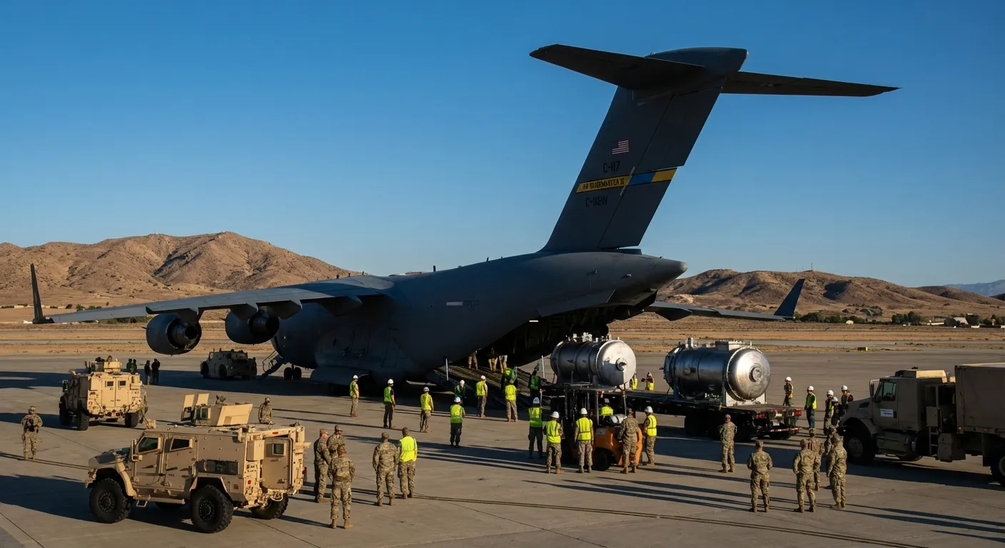 C-17 Globemaster military cargo aircraft on a runway with reactor modules being loaded