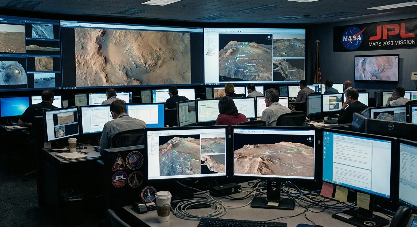 JPL mission control room showing rover planners analyzing Martian terrain images