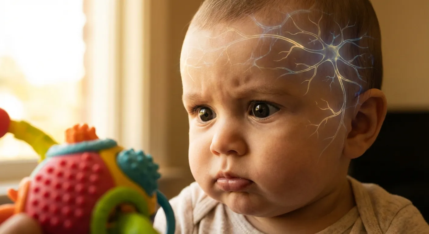 Infant gazing intently at novel colorful object with neural pathway visualization overlay