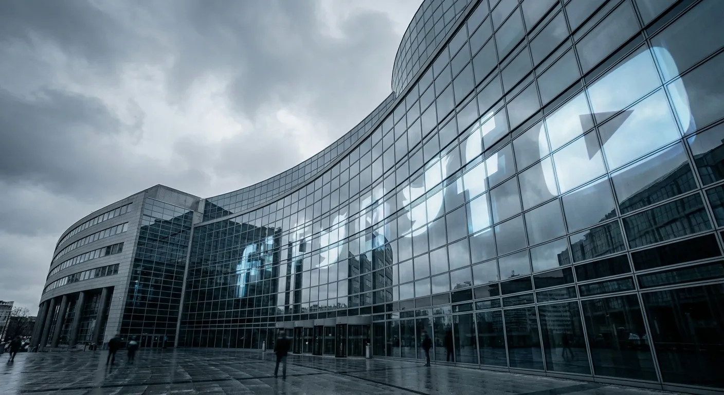 European Parliament building with digital overlay showing social media platform logos