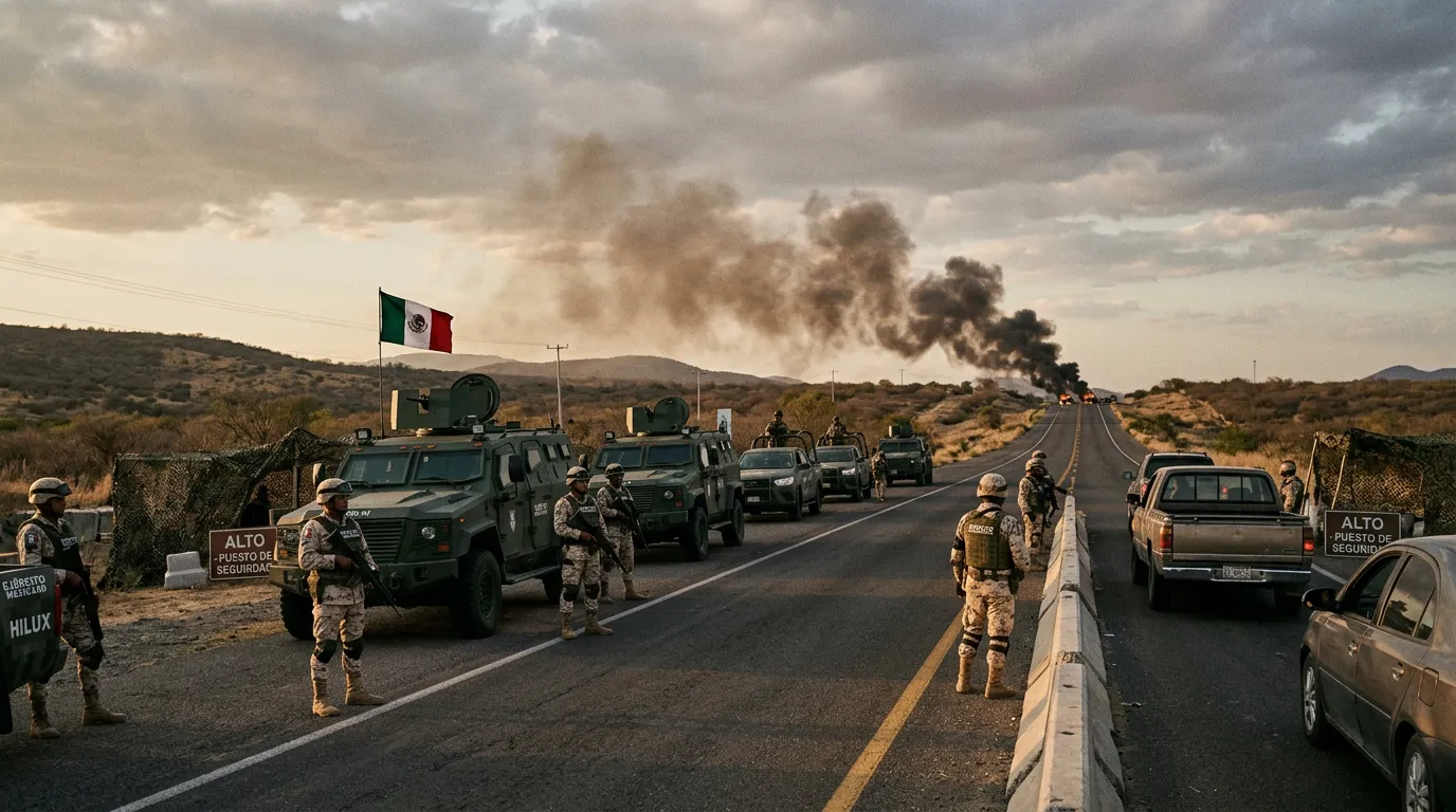 Mexican military vehicles at a checkpoint with smoke rising in the distance