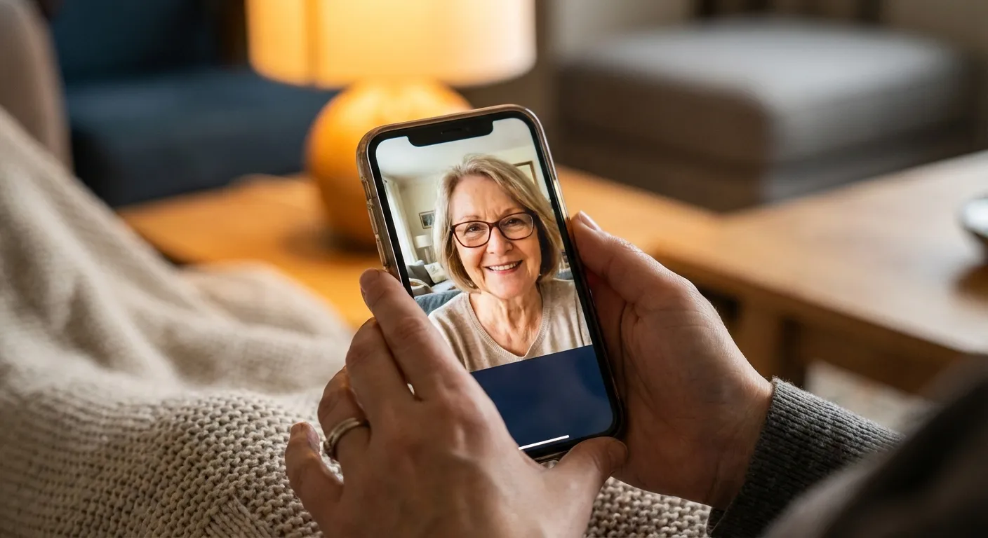 Hands holding phone during video call, face visible on screen, warm light