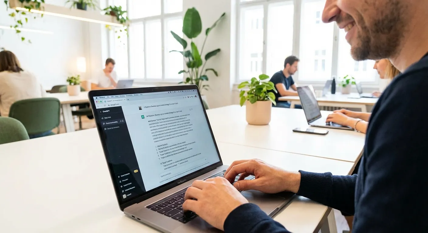 Person typing a detailed prompt into ChatGPT on laptop screen