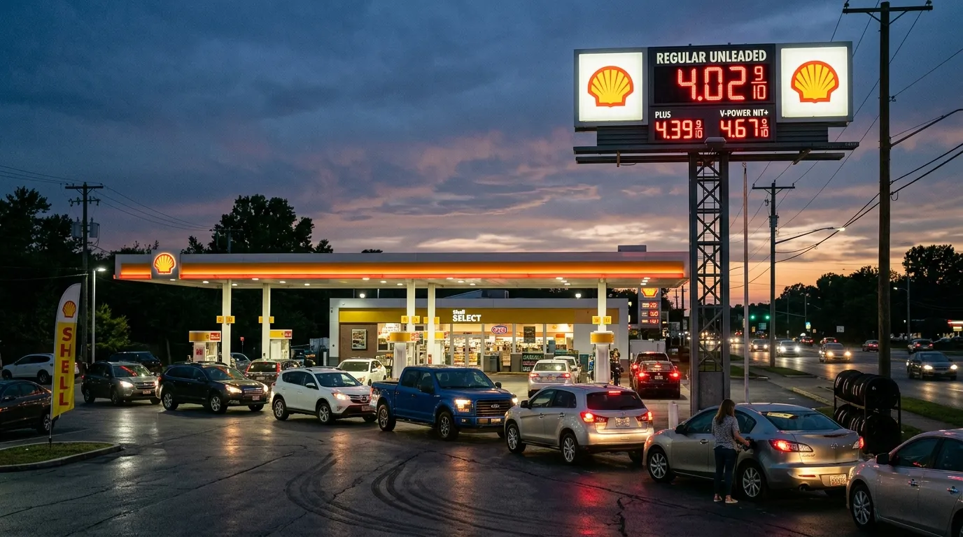 Gas station price sign displaying over four dollars per gallon at dusk