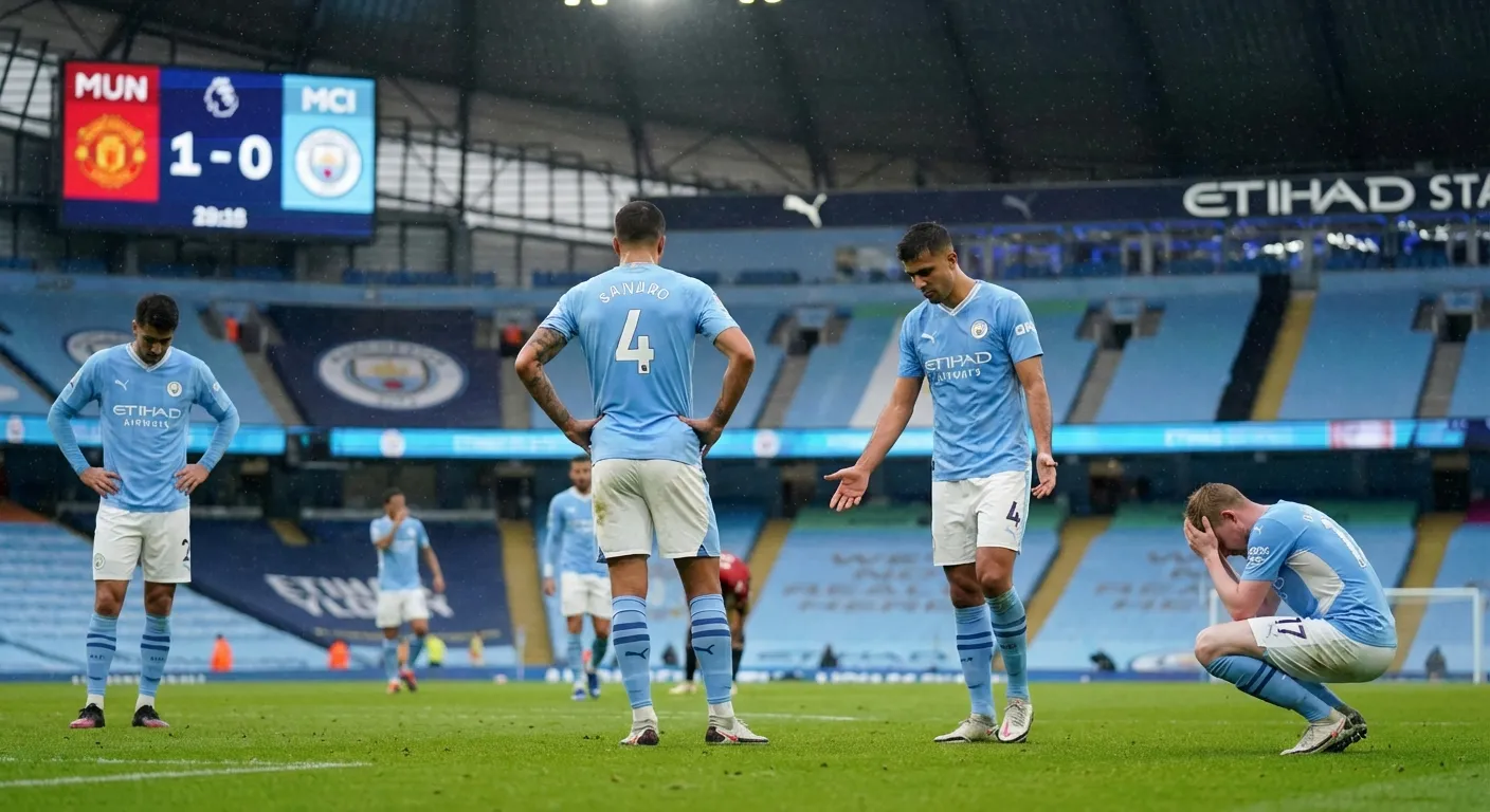 Manchester City players looking dejected after conceding goal