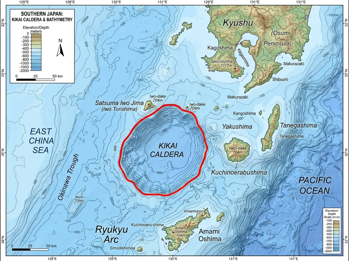 Map of southern Japan showing the Kikai caldera location between Kyushu and the Ryukyu Islands
