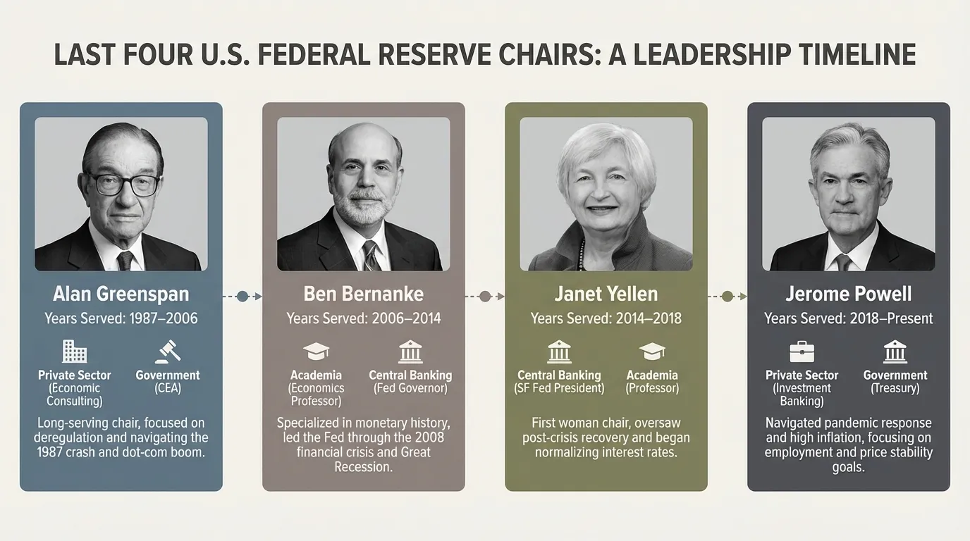 Timeline showing recent Fed chairs and their backgrounds before appointment