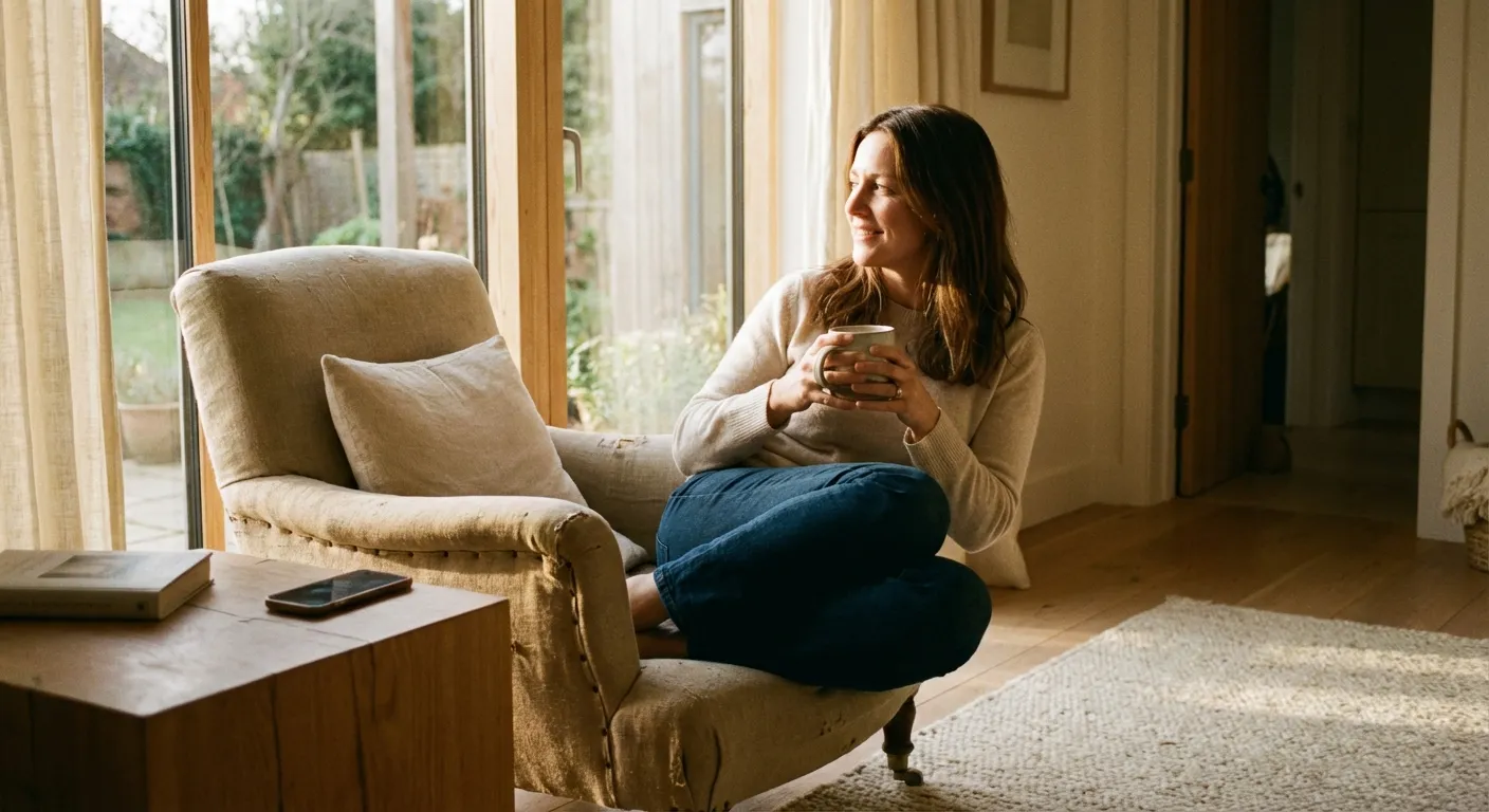 Person sitting peacefully with phone face-down, looking out window at morning light