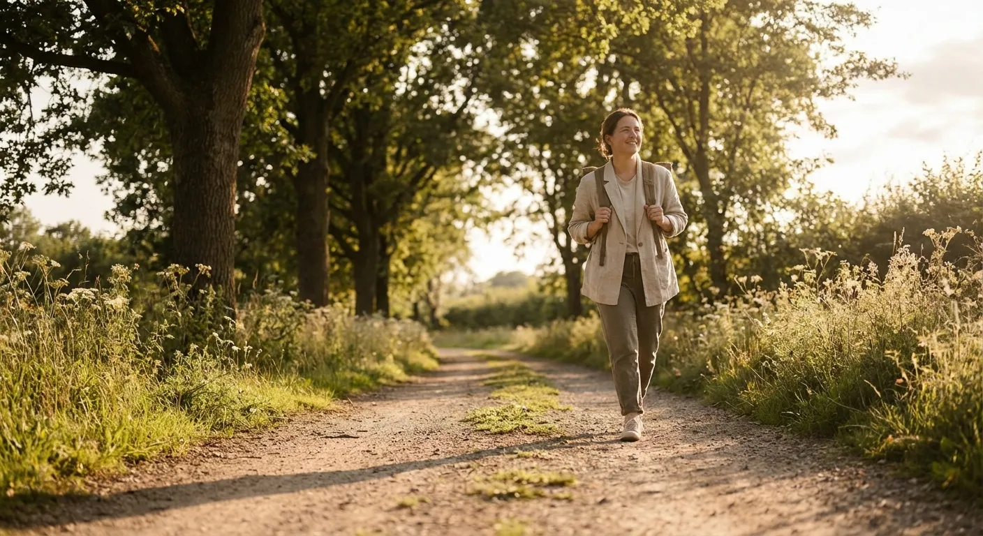 Person walking in nature with relaxed confident stride and genuine smile
