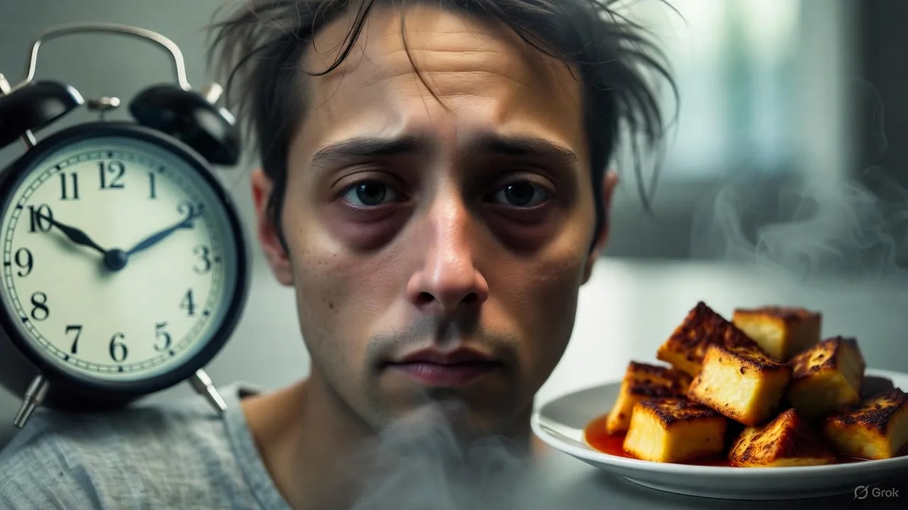 Exhausted person at desk with coffee surrounded by work, clock showing late hour