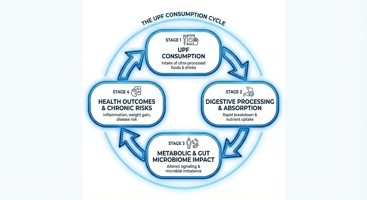 Circular diagram showing the self-reinforcing cycle between ultra-processed food consumption and brain changes