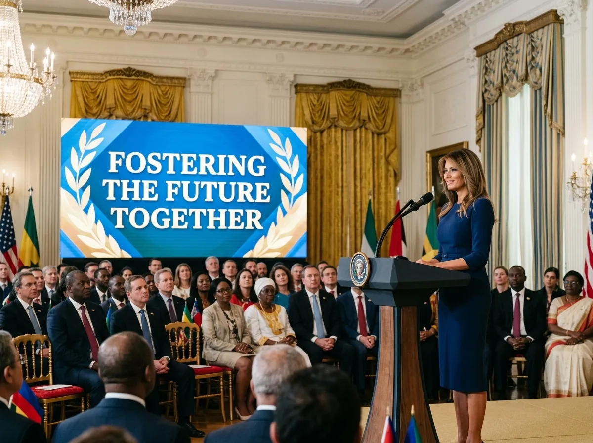 Melania Trump speaking at a podium during the AI education summit at the White House