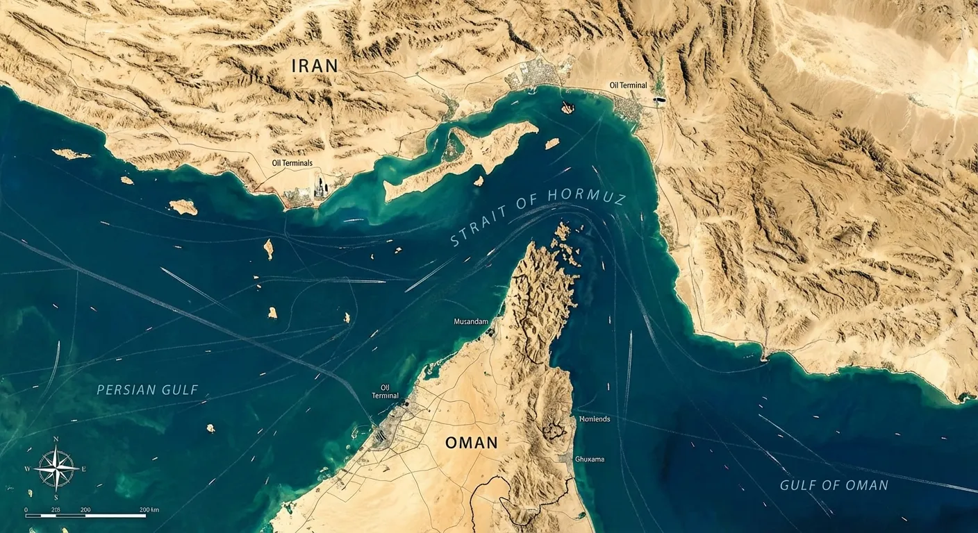 Satellite view of the Strait of Hormuz with shipping lanes visible