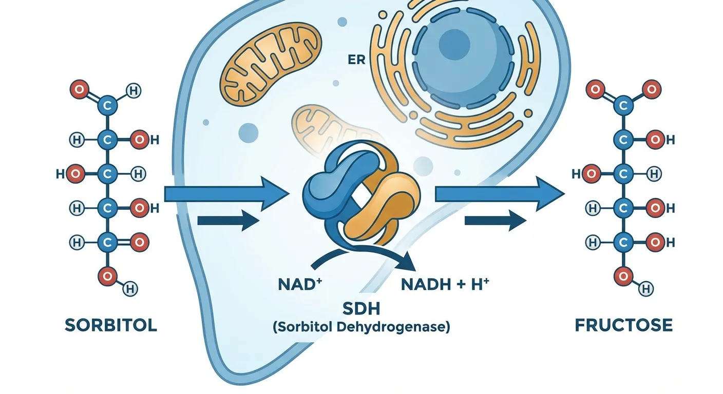 Molecular diagram showing sorbitol to fructose conversion pathway in liver cells