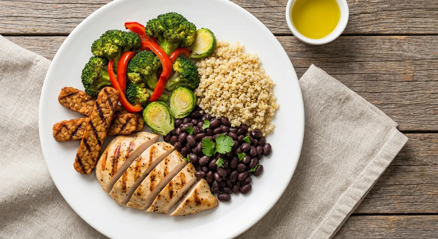 Balanced meal plate showing protein sources paired with fiber-rich vegetables and legumes