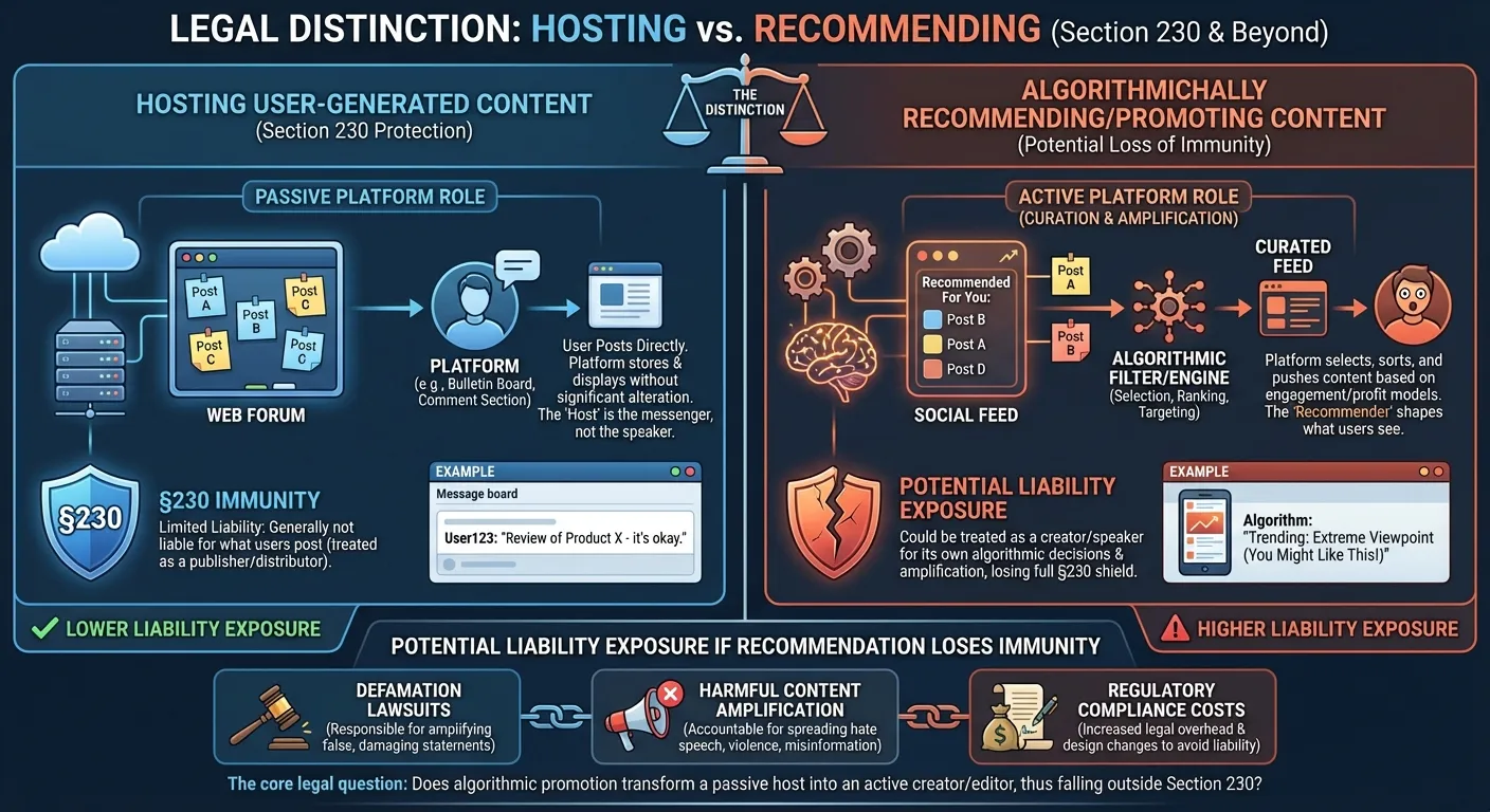 Diagram showing the difference between hosting content versus algorithmically recommending content