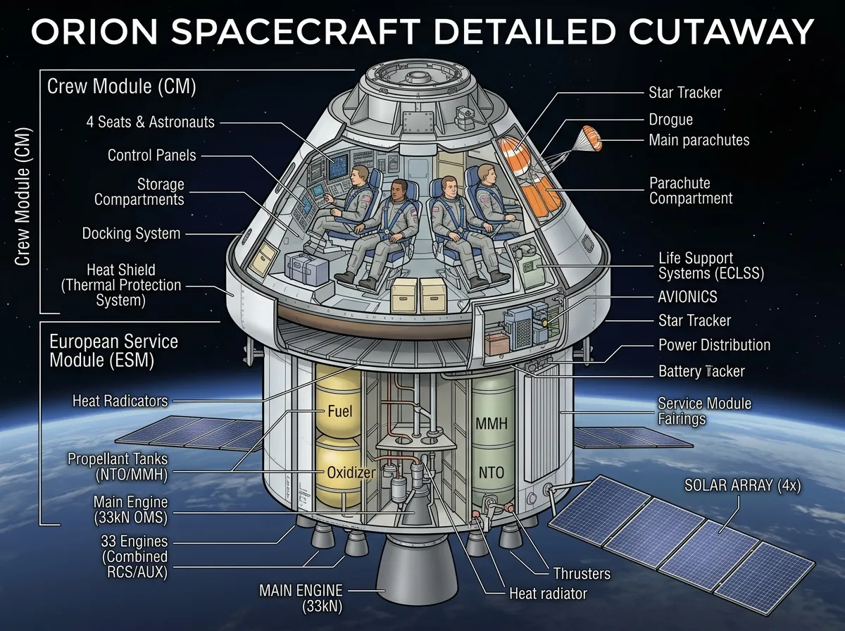 Cutaway diagram of the Orion spacecraft showing crew module and service module components
