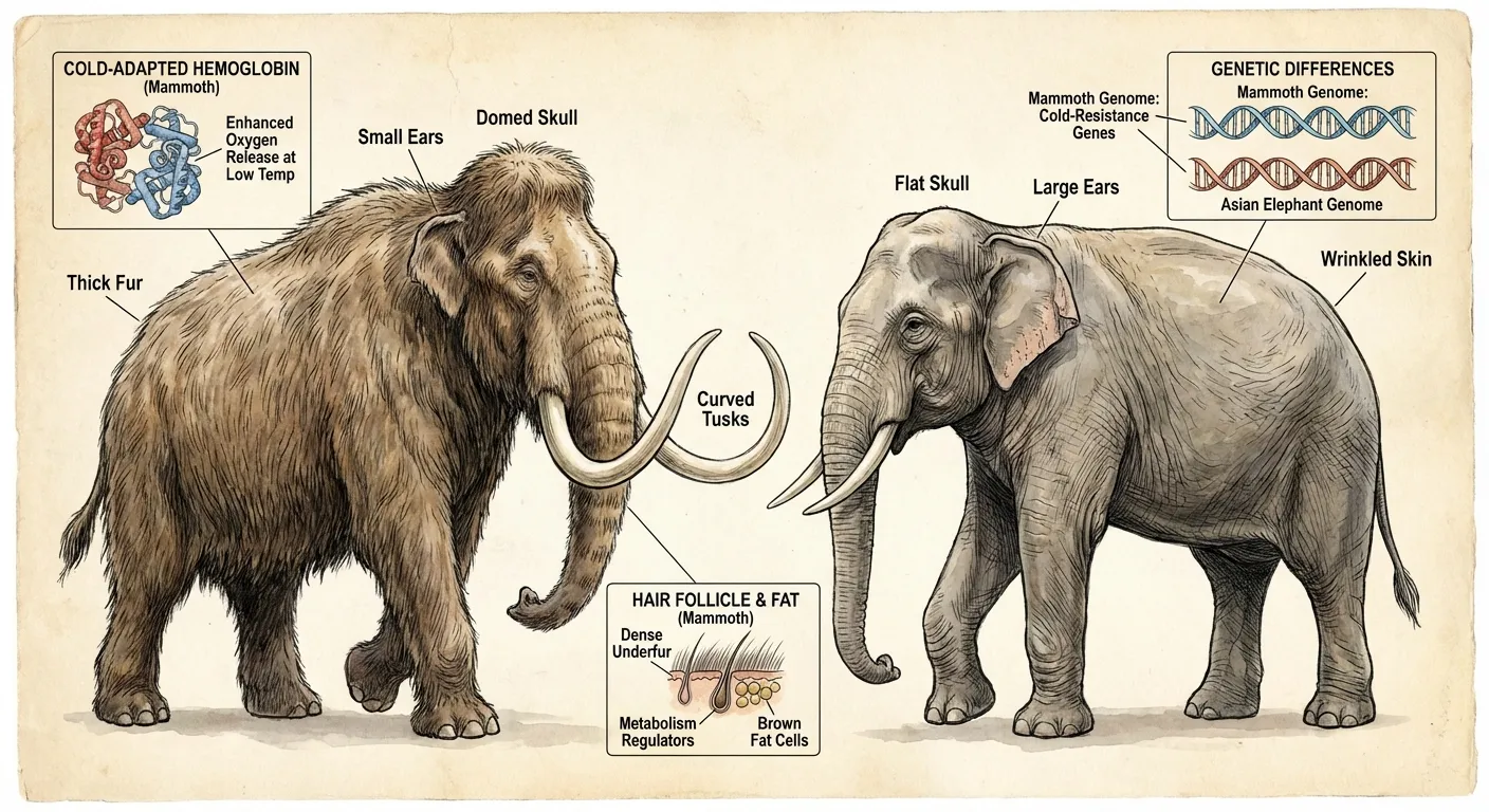 Comparative diagram showing woolly mammoth and modern elephant with genetic annotations