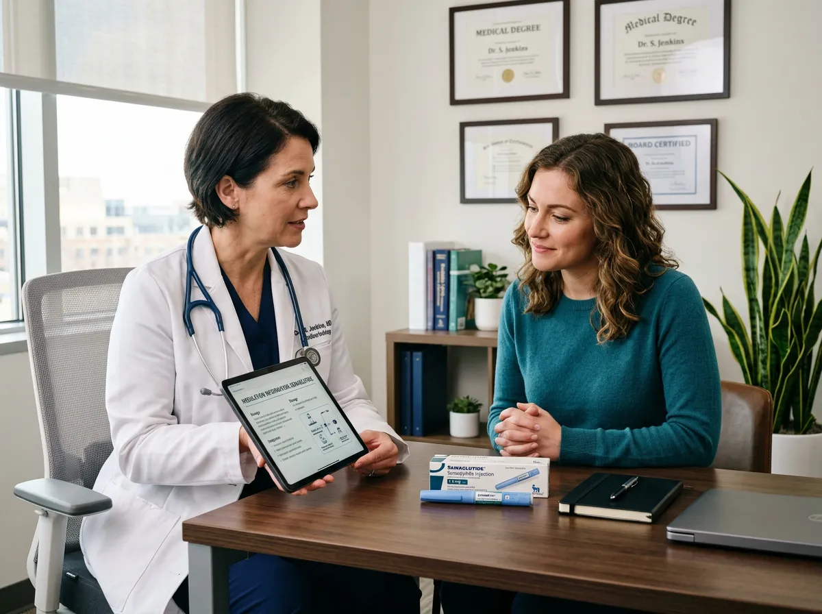 Doctor discussing medication options with patient in a modern clinic office