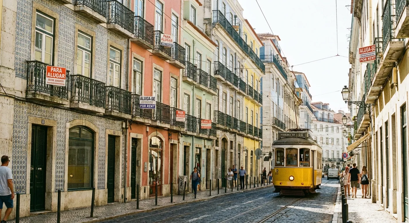 For rent signs in English covering Lisbon apartment buildings with locals protesting below