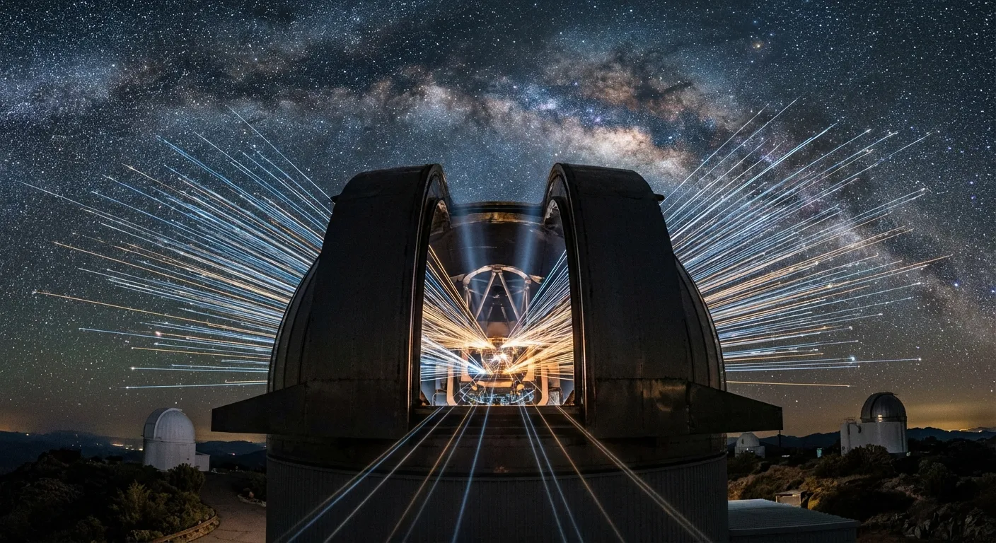 The DESI instrument at Kitt Peak Observatory capturing light from distant galaxies