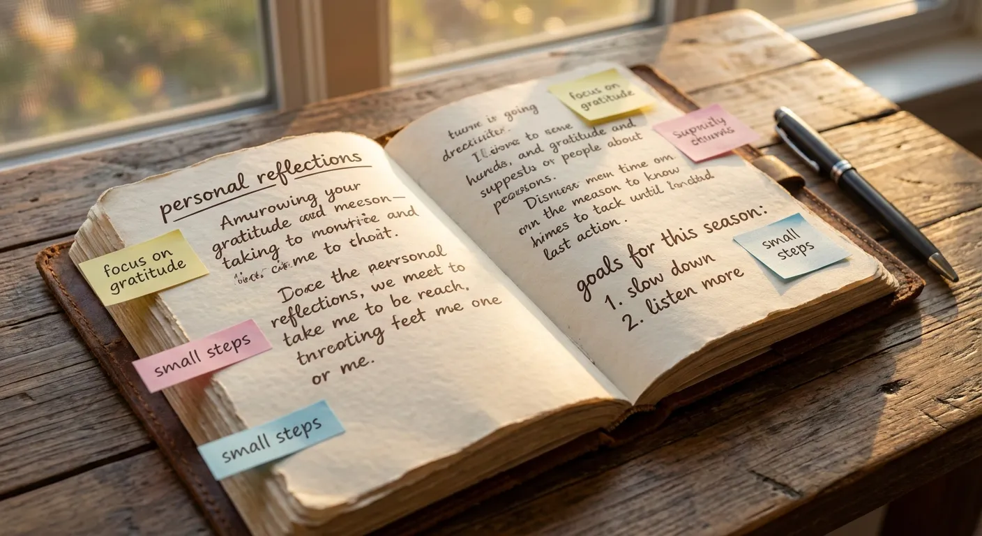 Notebook with handwritten list and colorful sticky notes representing personal reflection
